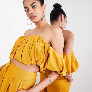 StyleAngeles puffball off shoulder Crop top in mustard